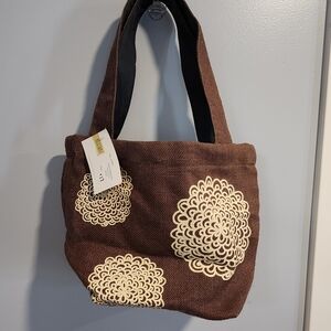 Elegant Brown Tote with Cream Floral Design